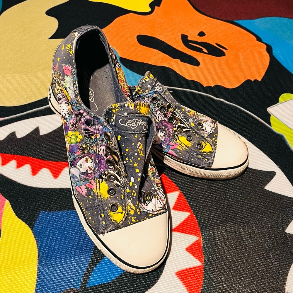 ED HARDY Slip On Sneakers - AOP Graphics - Men 10 - Good Condition